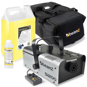 BeamZ S1200 MKII Combi Set výrobníku mlhy s náplní, čistící kapalinou a brašnou