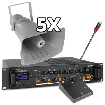 Power Dynamics Set ozvučení 200W s 5 reproduktory, bluetooth a MP3 pro sportoviště nebo průmyslové haly