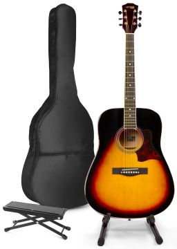 Max SoloJam Westernová akustická kytara s kytarovým stojanem a opěrkou nohou - Barva Sunburst
