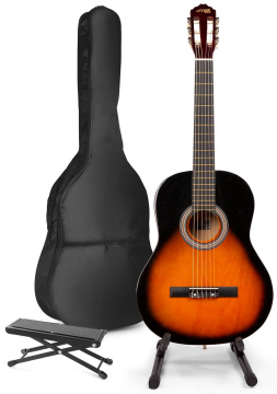 Max SoloArt Klasická akustická kytara s kytarovým stojanem a opěrkou nohou - Barva Sunburst