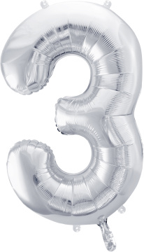 PartyDeco Foliový balón číslo 3, 86cm stříbrný