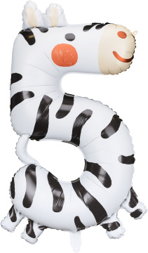 PartyDeco Foliový balón číslo 5 - Zebra 68x98 cm mix