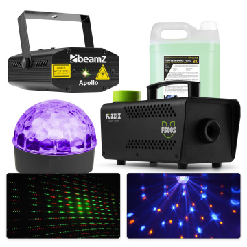 BeamZ světelný a laserový disco set - S Jelly Ball, laserem a výrobníkem mlhy s 2 litry kapaliny do mlhy