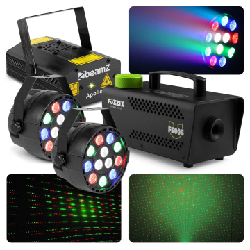 BeamZ světelný set s laserem, PAR reflektory a 500W výrobníkem kouře