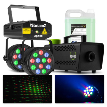 BeamZ světelný set s laserem, PAR spoty a 500W výrobník kouře s 5 litry kouřové kapaliny