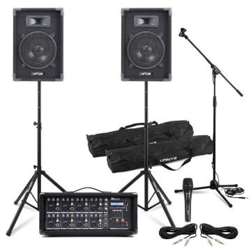 Max Complete PA Band Set s reproduktory, powermixem, mikrofonem a stojany