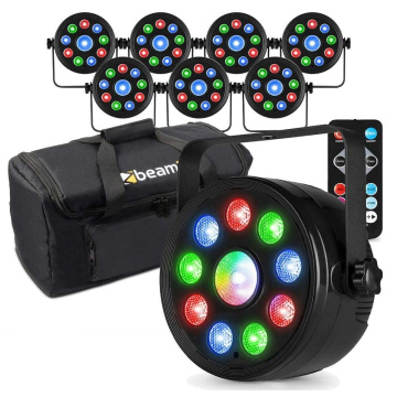 Fuzzix set 8 PLF15 Party LED reflektorů v transportním obalu - 9x 2W RGB LED a 6W centrální LED - S DMX
