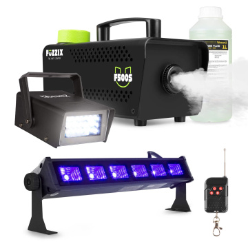 Fuzzix F500S Set výrobníku mlhy se stroboskopem, UV barem a standardní náplní 1L