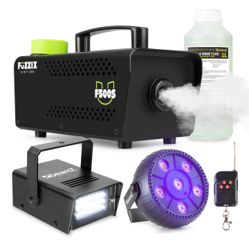 Fuzzix F500S Set výrobníku mlhy se stroboskopem, UV světlem a standardní náplní 1L