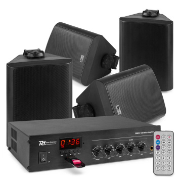 Power Dynamics 100V Set 4 reproduktorů se zesilovačem a kabely černý