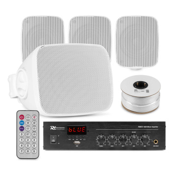 Power Dynamics sada venkovních reproduktorů ze 4 vodotěsných mini reproduktorů - Bluetooth a FM rádio - Bílá
