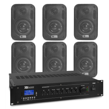 Power Dynamics sada venkovních reproduktorů - 6x černé 60W reproduktory a 100V zesilovač - Bluetooth & mp3 přehrávač
