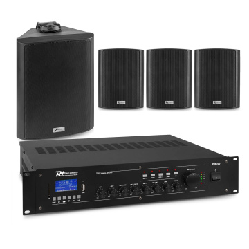 Power Dynamics Sada venkovních reproduktorů černá - 4 reproduktory a 4-zónový zesilovač - Bluetooth - 100V