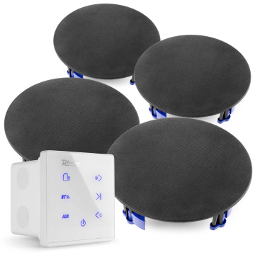 Power Dynamics Powerline A100W Set s bílým vestavným zesilovačem a 4 černými stropními reproduktory