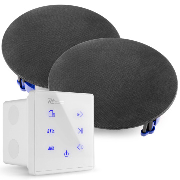Power Dynamics Powerline A50W Set s bílým vestavným zesilovačem a 2 černými stropními reproduktory