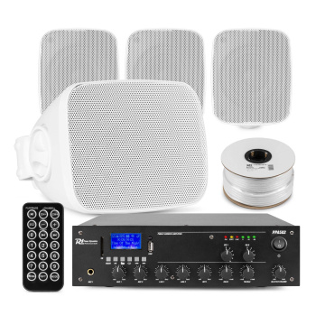 Power Dynamics set 4 venkovních reproduktorů - 2-zónový zesilovač s mini reproduktory - Bluetooth - Bílý