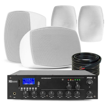 Power Dynamics set 4 venkovních reproduktorů a 2-zónový 100V zesilovač s Bluetooth - Bílý